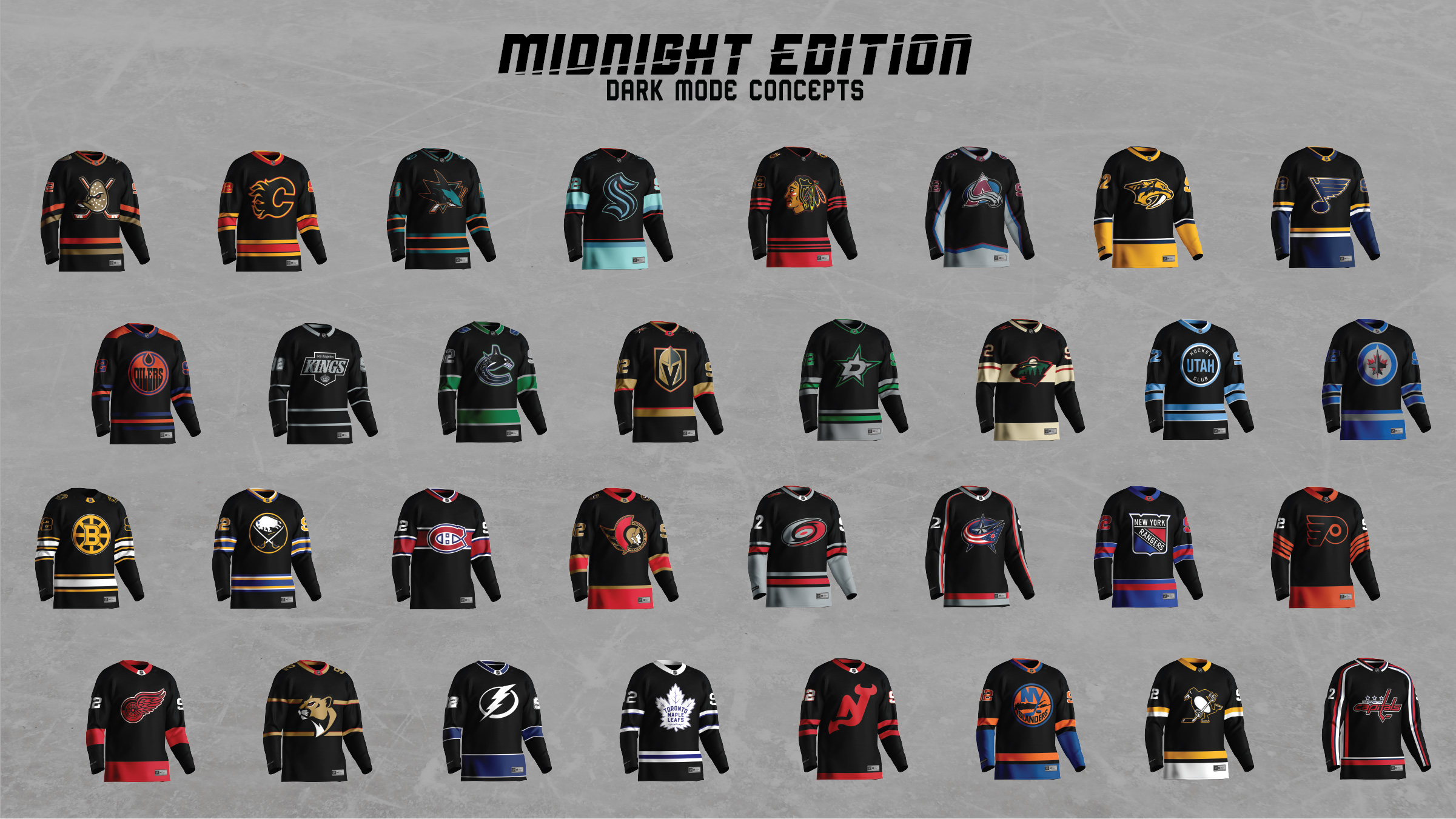 Composite grid of all 32 NHL teams' Midnight Edition alternate identities, dark-mode jersey concepts shown together as a complete league set.