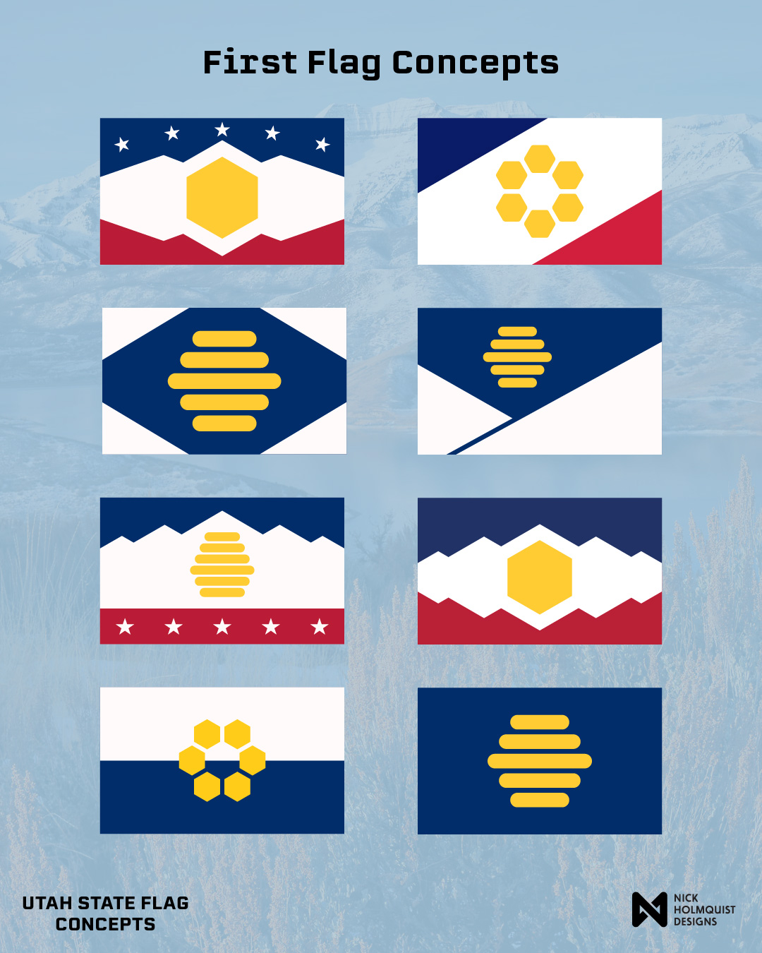 Eight early Utah State Flag concept directions exploring different arrangements of mountains, beehives, hexagonal honeycomb cells, stars, and the heritage navy-white-red tri-color
