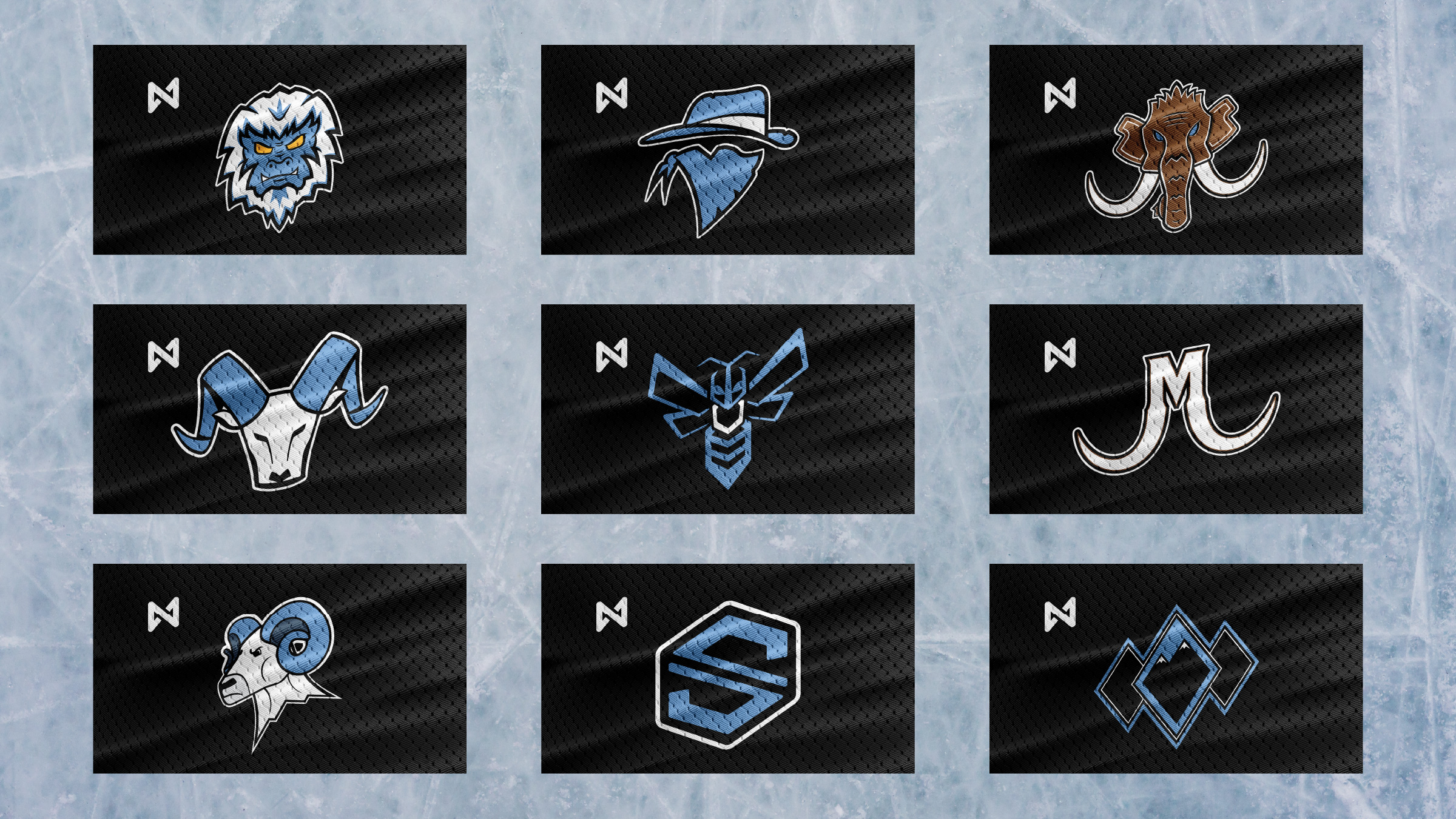 Composite grid of nine Utah Hockey concept logos designed for the new Utah NHL franchise: Yeti, Outlaws, Mammoth, Mountaineers, Swarm, and Black Diamonds among them
