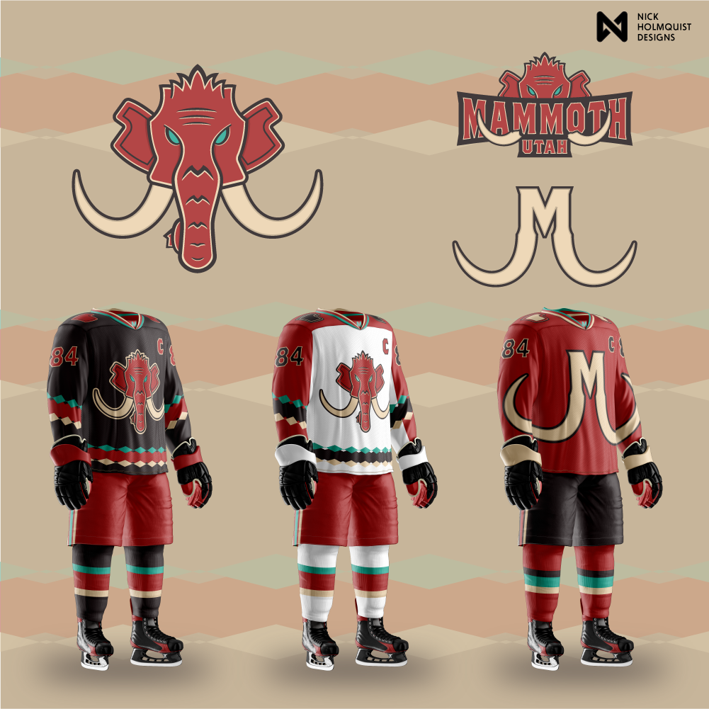 Utah Mammoth concept work posted May 3, 2024. Primary mark of a frontal mammoth head in red with teal eyes and cream tusks, plus wordmark and a custom M monogram, presented over three jerseys in red, black, and cream with teal accents on a desert-tone background.
