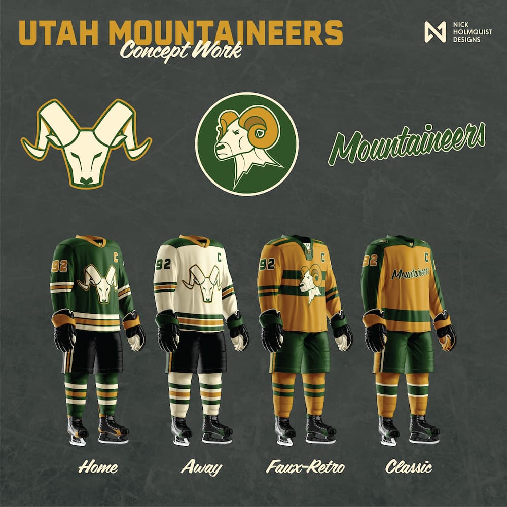 Utah Mountaineers concept work: ram skull primary mark, alternate badge, script wordmark, and four jersey treatments in green, cream, and gold