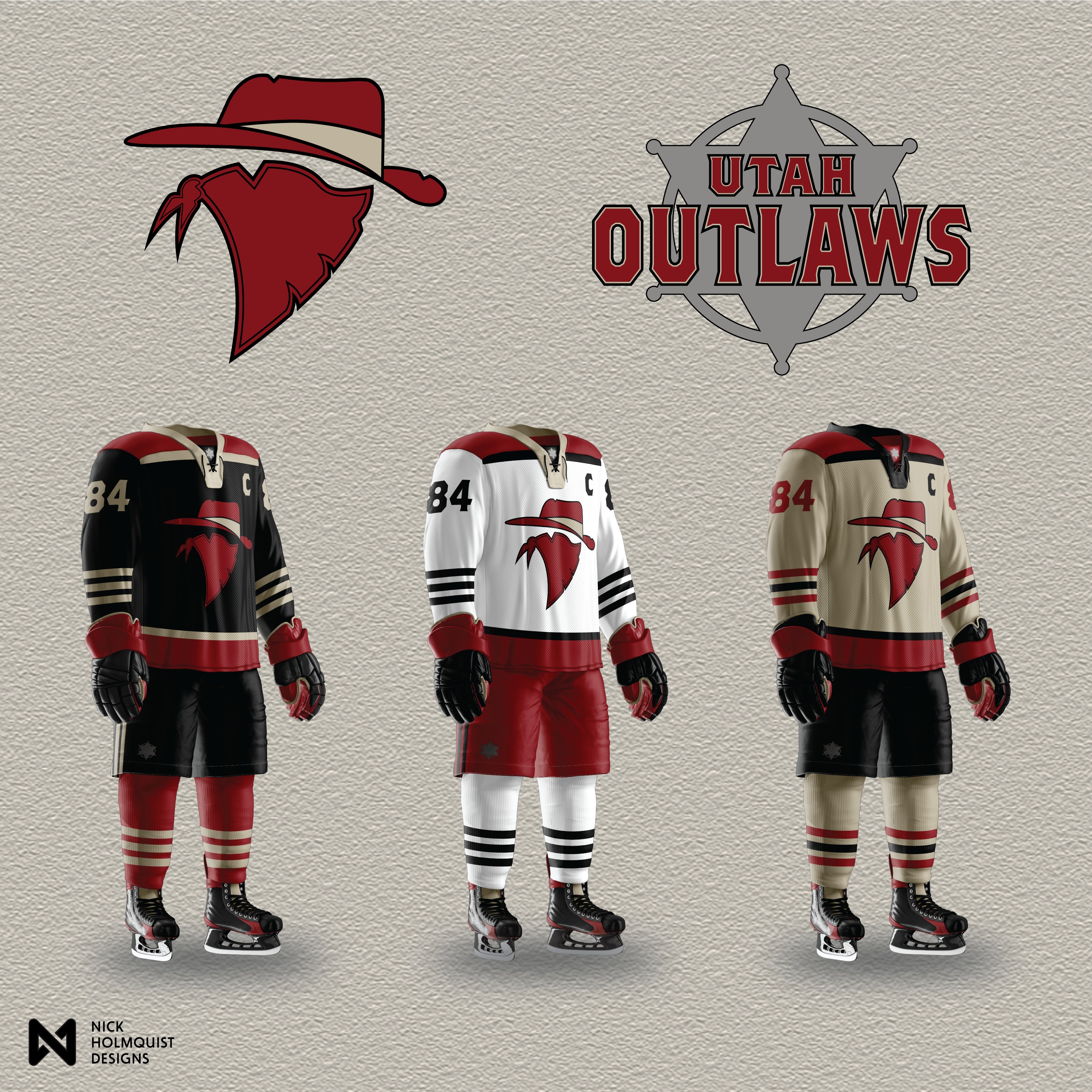 Utah Outlaws V1: cowboy bandit primary mark with hat and bandana, sheriff-badge OUTLAWS wordmark, and three jerseys in red, black, and cream