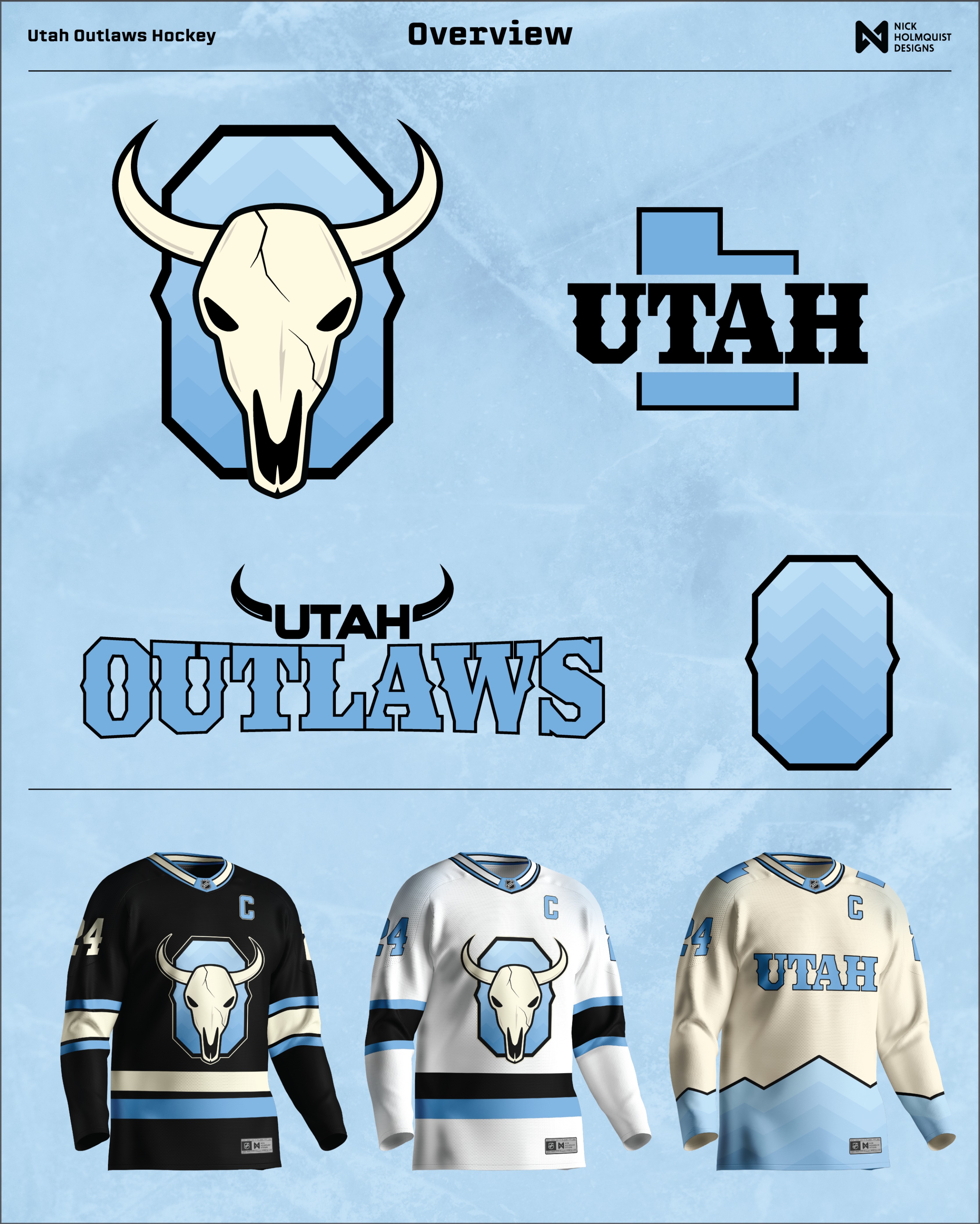 Utah Outlaws 2.0 system: bull skull primary on an octagonal chevron shield, UTAH wordmark with bull horns, UTAH letterform locked into the silhouette of the state, and three jerseys in light blue, black, and a cream UTAH script alternate
