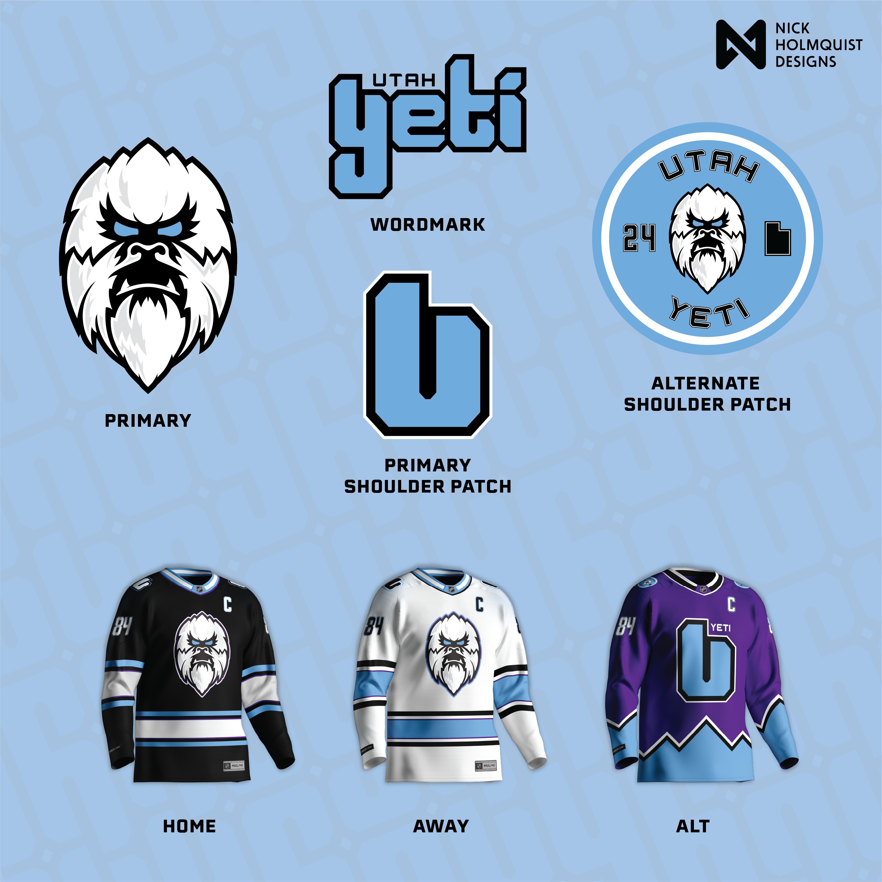 Utah Yeti 2.0 identity system: primary mark, wordmark, primary and alternate shoulder patches, and home, away, and alternate jerseys in the official light blue, black, white, and purple palette