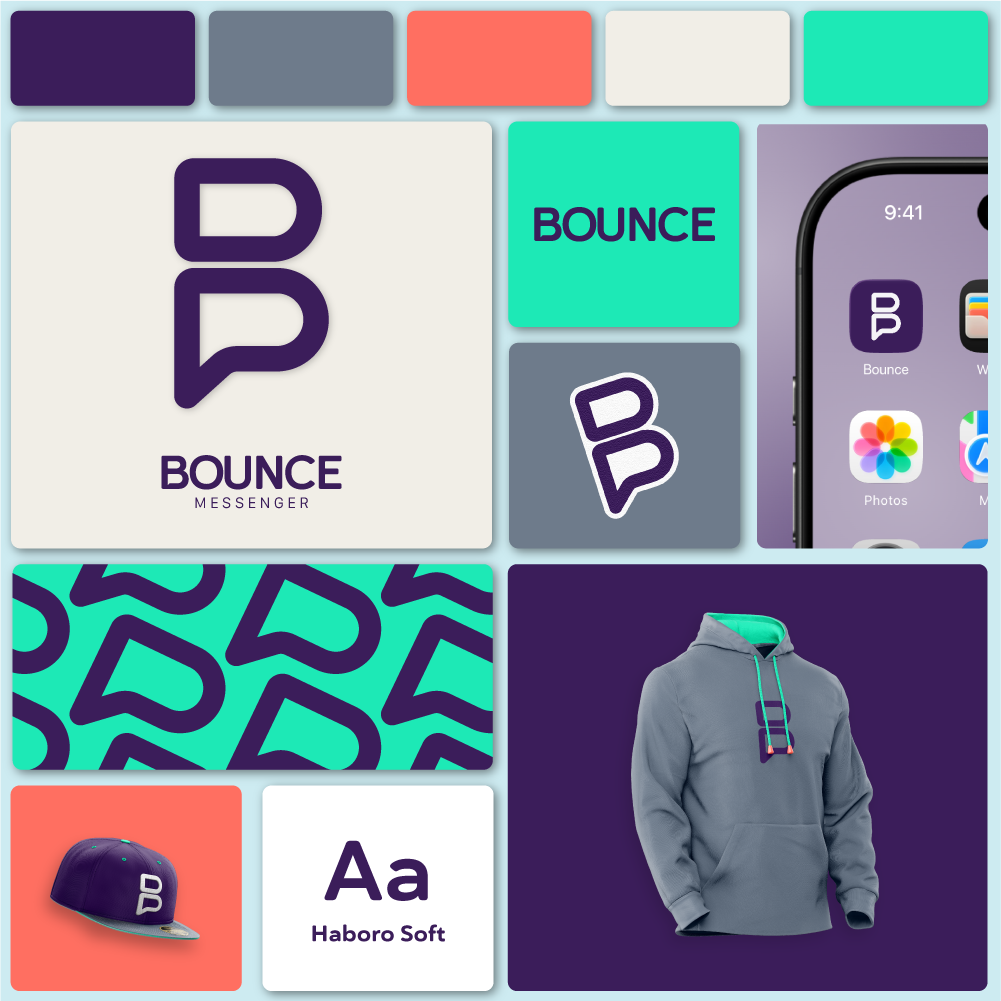 Bounce Messenger brand board: logo mark, color palette, app icon, pattern, and merch applications across a hat and hoodie