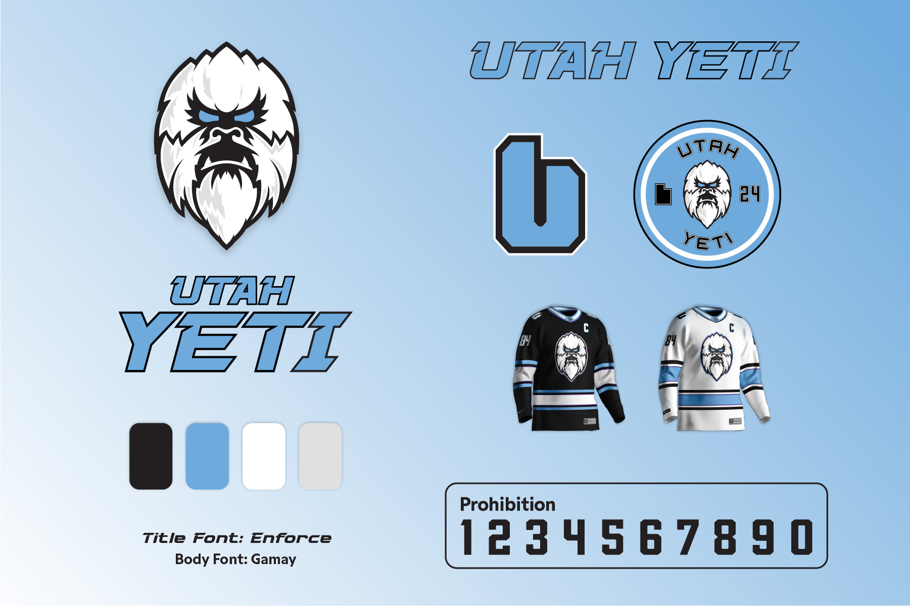 Utah Yeti full brand system: primary and secondary marks, wordmark lockups, jerseys, number set, and color palette